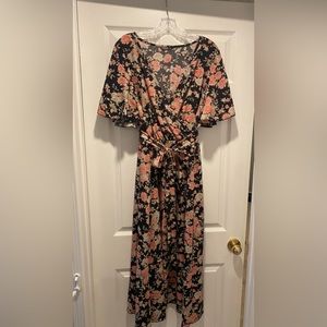 SHEIN Curve | Black with Pink and Cream Floral Midi Dress | Size 2X